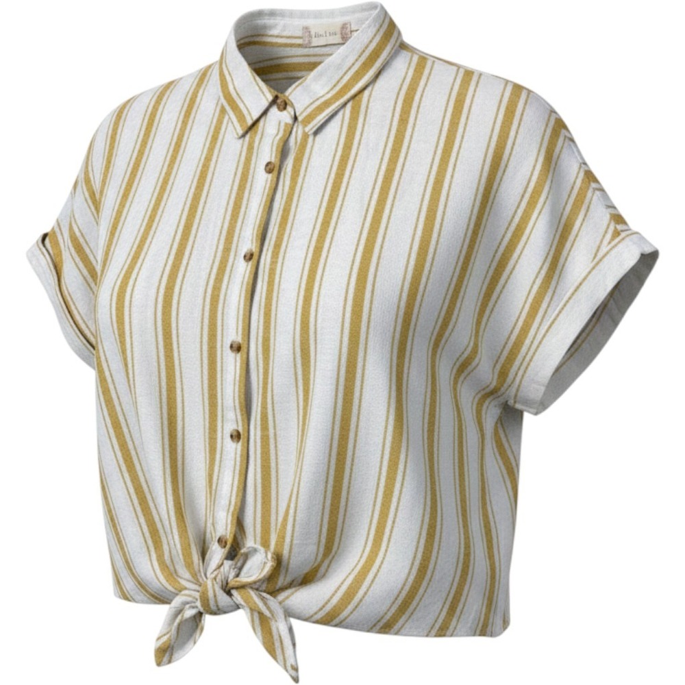 Altar'd State Mustard Yellow White Striped Linen Blend Tie Front Button Up Top L